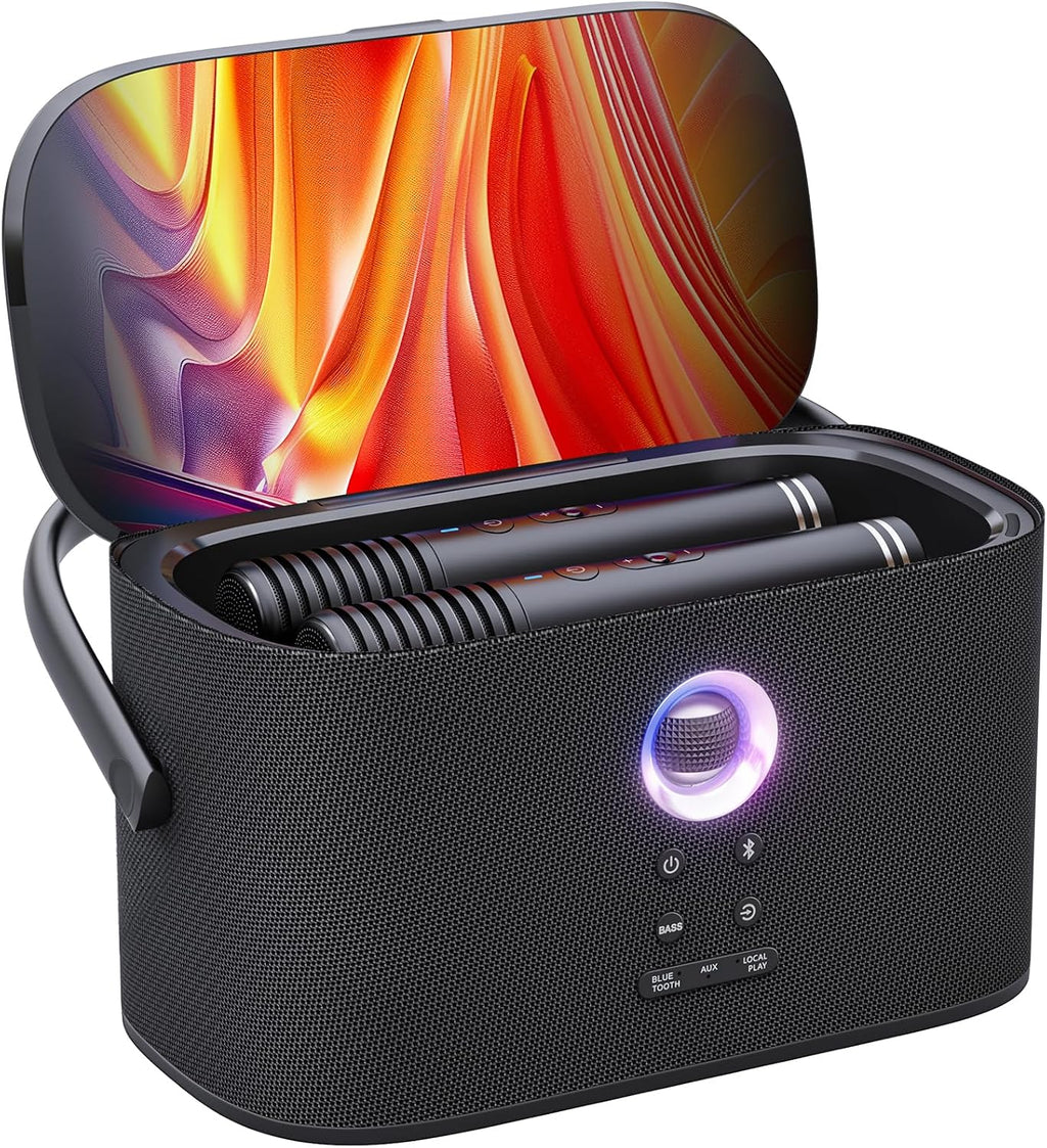 Ikarao Máquina de karaoke portátil para adultos, pantalla y pantalla de letras integradas, 2 micrófonos inalámbricos de carga automática, aplicación de karaoke, altavoz de 140 W, se conecta a la televisión para fiestas en casa, cumpleaños, campamento al