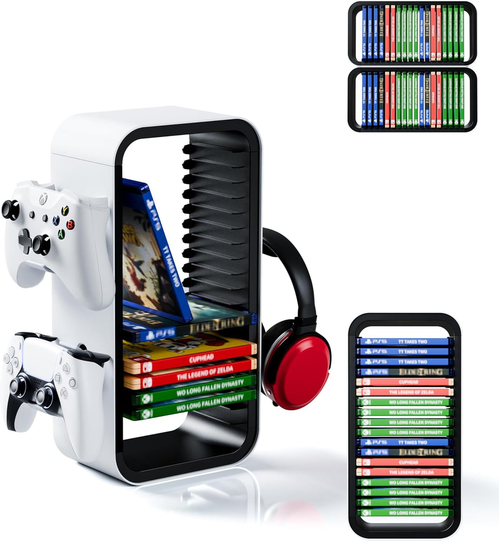 Universal Games Storage Tower Pro – para hasta 18 juegos – con soporte para mando hasta 4 mandos – Accesorios de juego para PS5, PS4, PS3, Xbox X/S/One, Switch 1 + 2, Switch OLED, BluRay,