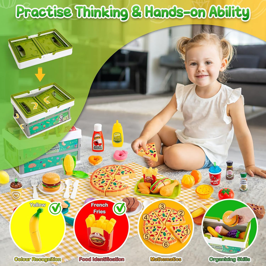 78 piezas de alimentos de juguete para cocina de niños, alimentos de juguete para cortar con canasta de almacenamiento, accesorios de cocina de juguete, juguetes de comida con verduras, frutas, comida