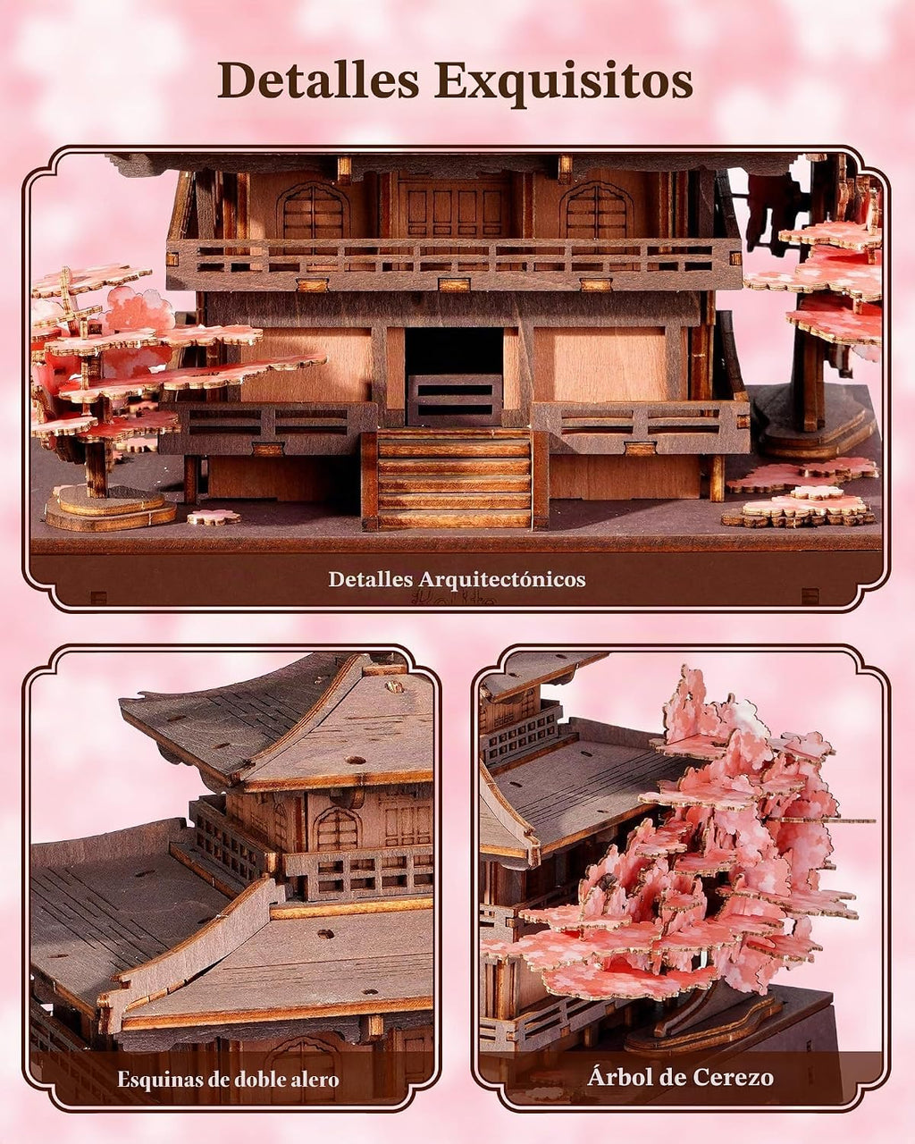 Rolife Rompecabezas de madera 3D Sakura Pavilion, modelo de arquitectura japonesa y kit de construcción de casas en miniatura para adultos, rompecabezas de madera de 235 piezas, decoración del hogar