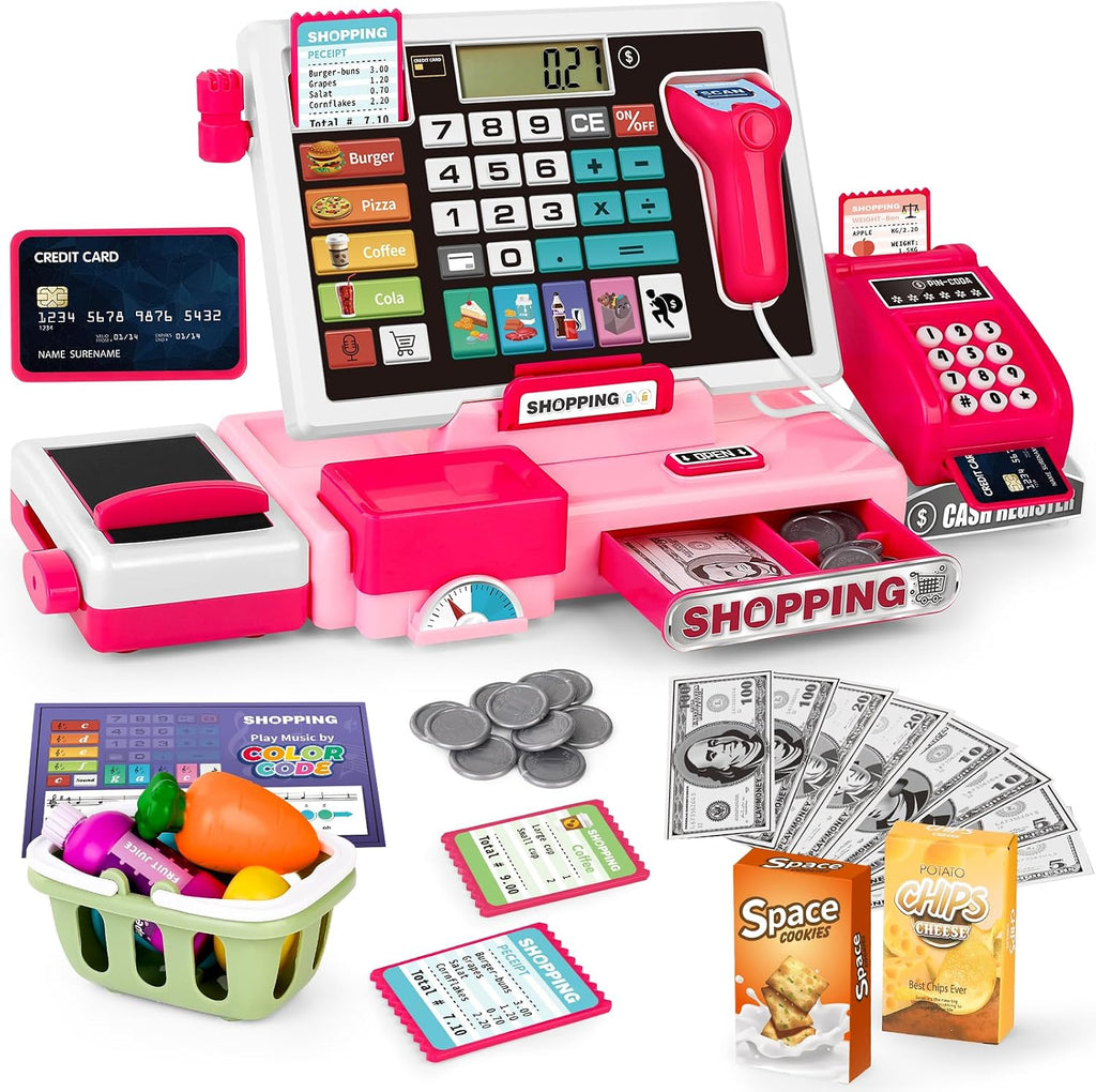 Set de juguete de caja registradora para niños, tienda de juguete para niños pequeños con calculadora real, caja registradora con escáner/tarjeta de crédito/dinero de juguete/comida, juguetes