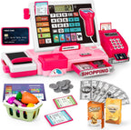 Set de juguete de caja registradora para niños, tienda de juguete para niños pequeños con calculadora real, caja registradora con escáner/tarjeta de crédito/dinero de juguete/comida, juguetes