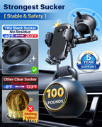 YRU【Soporte de teléfono para automóvil de seguridad de grado militar y certificados de patente con rotación de 360°】 100 + libras de fuerte succión y clip: soporte para teléfono celular para