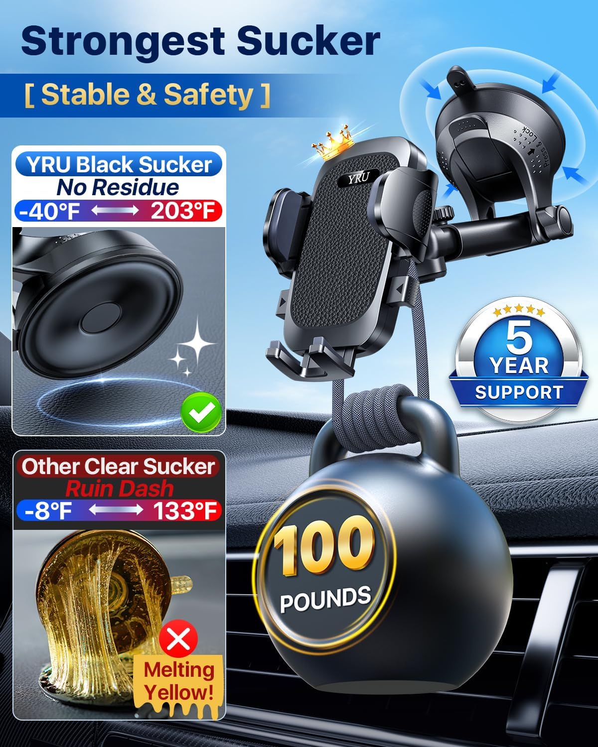 YRU【Soporte de teléfono para automóvil de seguridad de grado militar y certificados de patente con rotación de 360°】 100 + libras de fuerte succión y clip: soporte para teléfono celular para