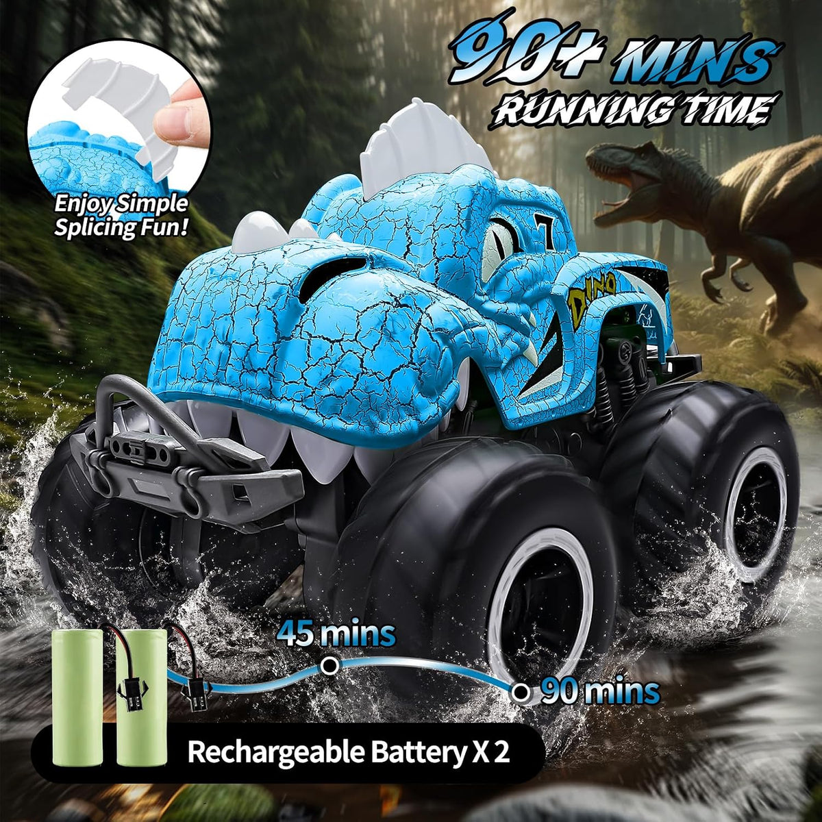 Coche de control remoto anfibio, camiones monstruo de dinosaurio