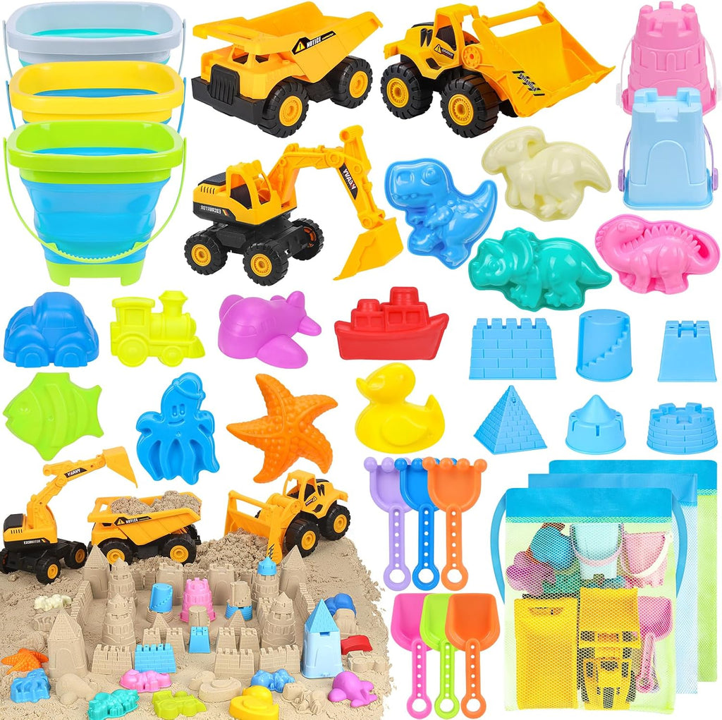 Juguetes de playa con 3 camiones, cubos plegables para niños de 3
