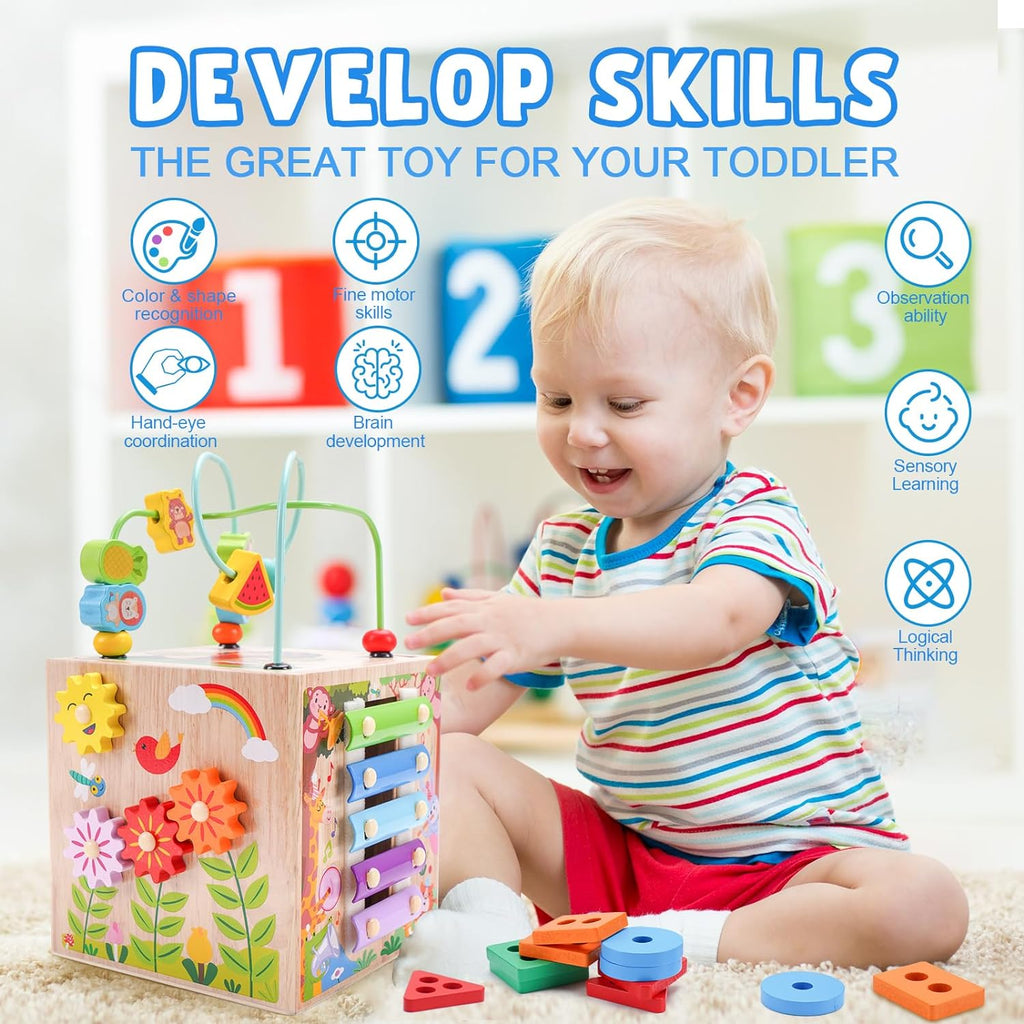 Cubo de Actividades de Madera | Juguetes Montessori para Niños Pequeños de 1, 2, 3 Años | Regalo de Primer Cumpleaños para Un Año | Juguetes Educativos para Bebés Niños y Niñas de 12+ Meses | Juego