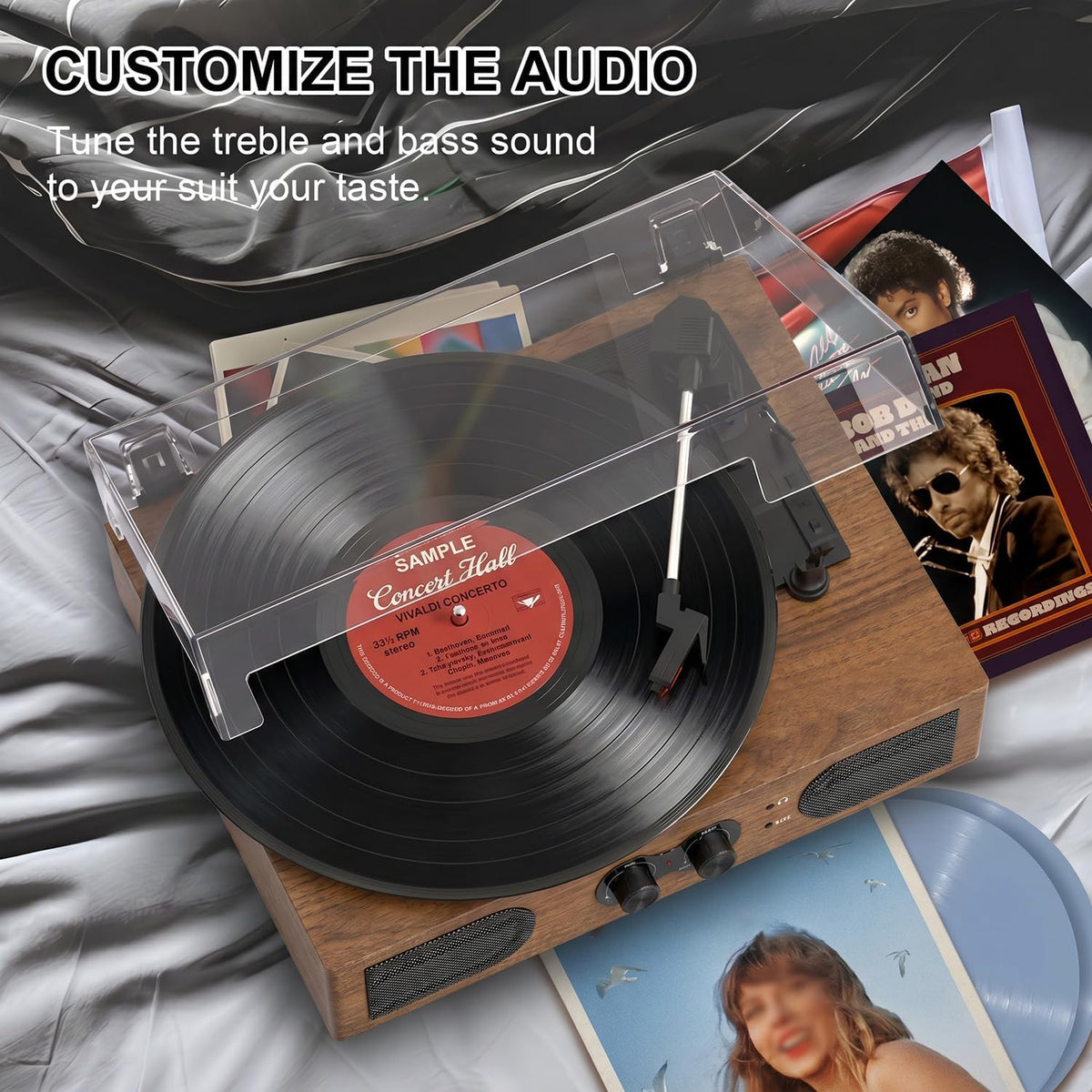 Tocadiscos de vinilo de 3 velocidades con altavoces, control de bajos