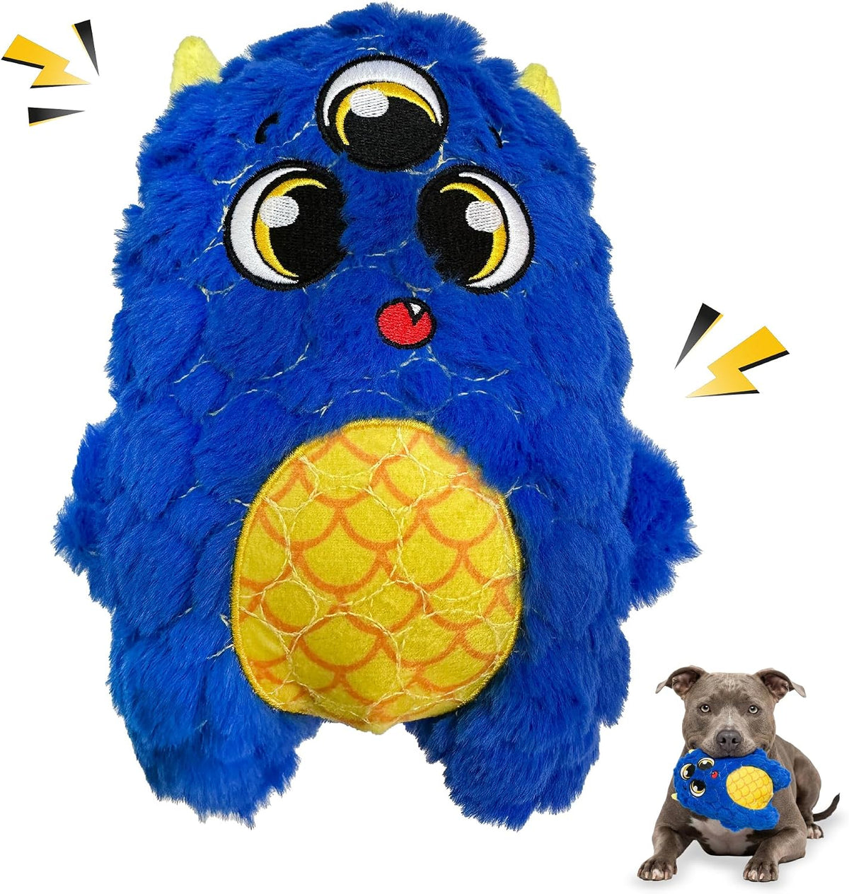 Bite Force - Juguete duradero y fuerte para perros, monstruo Frank Furocious azul con chirriador, costuras reforzadas con Kevlar para masticadores agresivos.