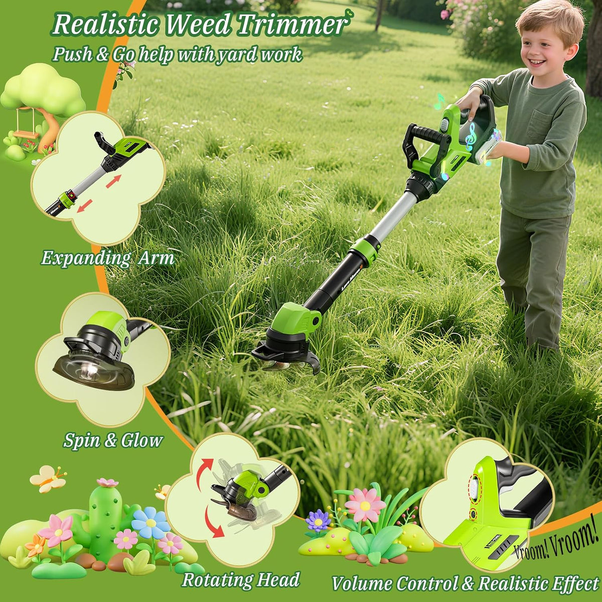 Juego de herramientas de juguete para niños, herramientas de césped de jardín 3 en 1 con sonidos y luces, volumen, juguete de malas hierbas, soplador de hojas y cortasetos, herramientas de juguete para jugar al aire libre, regalos de cumpleaños de Navidad