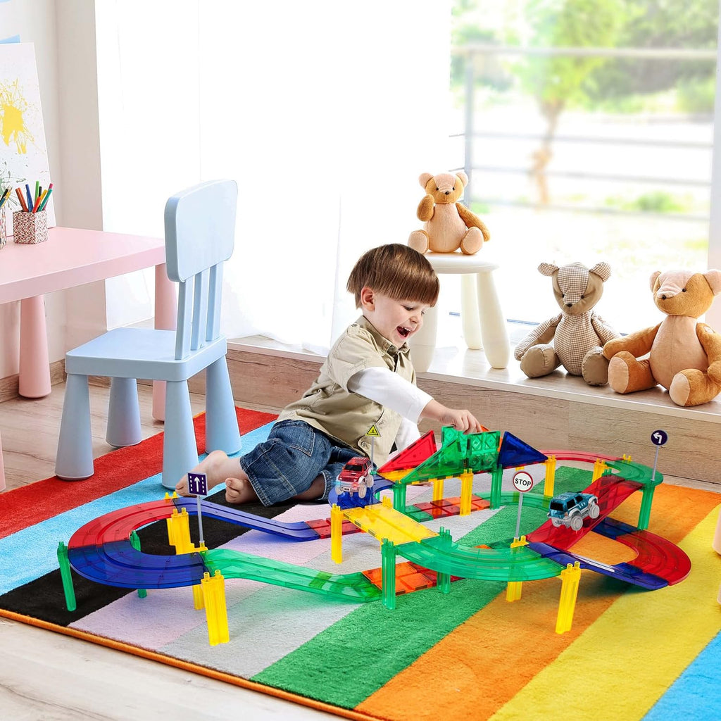 PicassoTiles Juego de 50 piezas de carreras, azulejos magnéticos STEM con