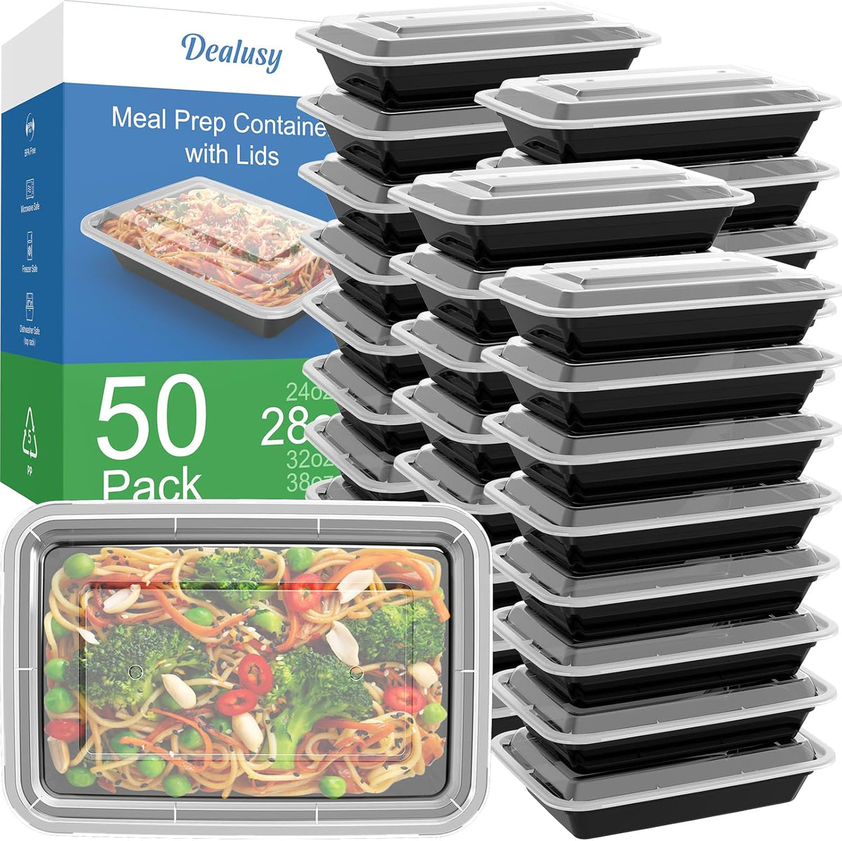 Dealusy - Recipientes con tapa reutilizables de 28 onzas para alimentos preparados, resistentes, a prueba de fugas, seguros, aptos para microondas, congelador y lavavajillas, 50 unidades (100 piezas)