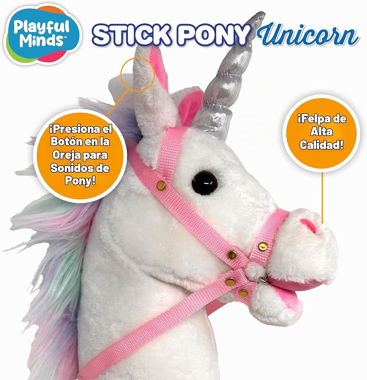 Stick Horse Unicorn | Palo de caballo de peluche hecho a mano, rosa/blanco