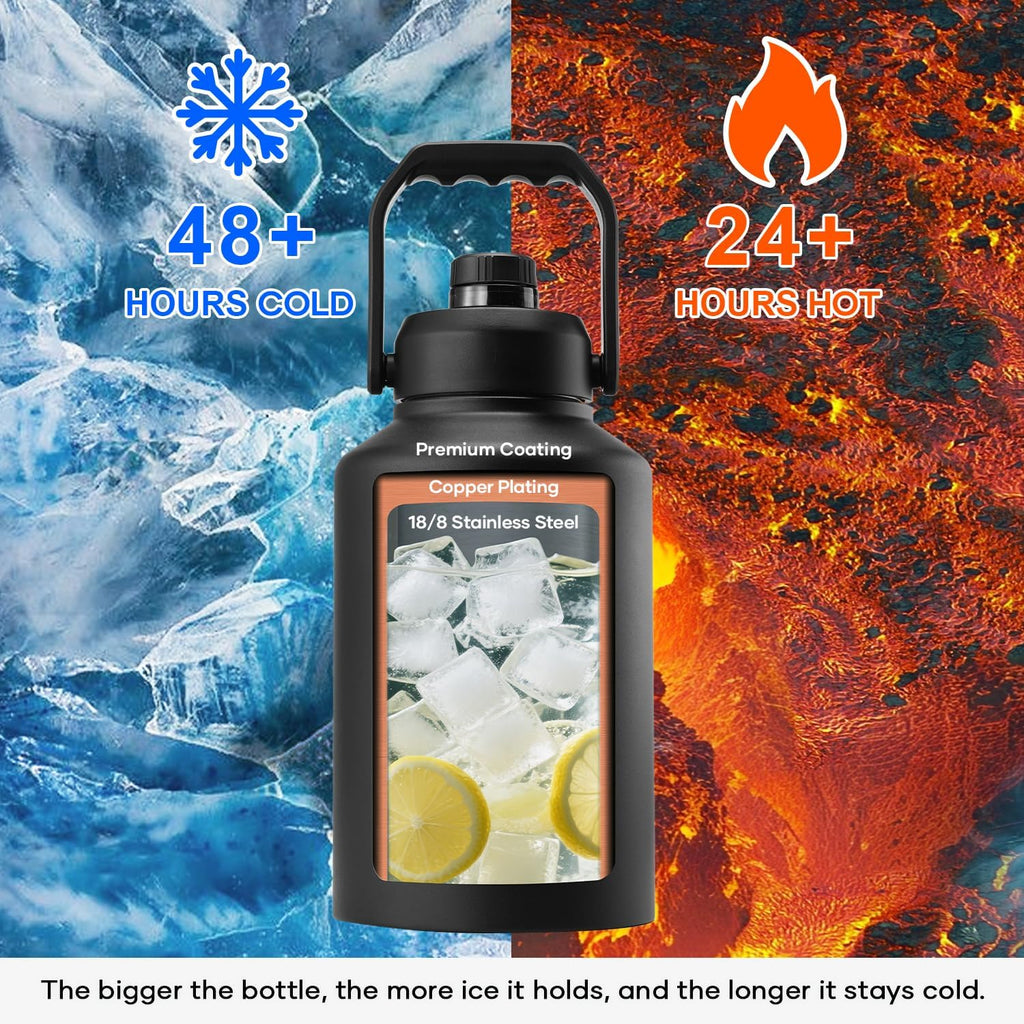 Botella de agua de 1 galón aislada Buzio, (mantiene el agua fría por 48 horas) 3.58 pulgadas de gran boca ancha a prueba de fugas, jarra de agua grande de 128 oz de acero inoxidable con asa de metal