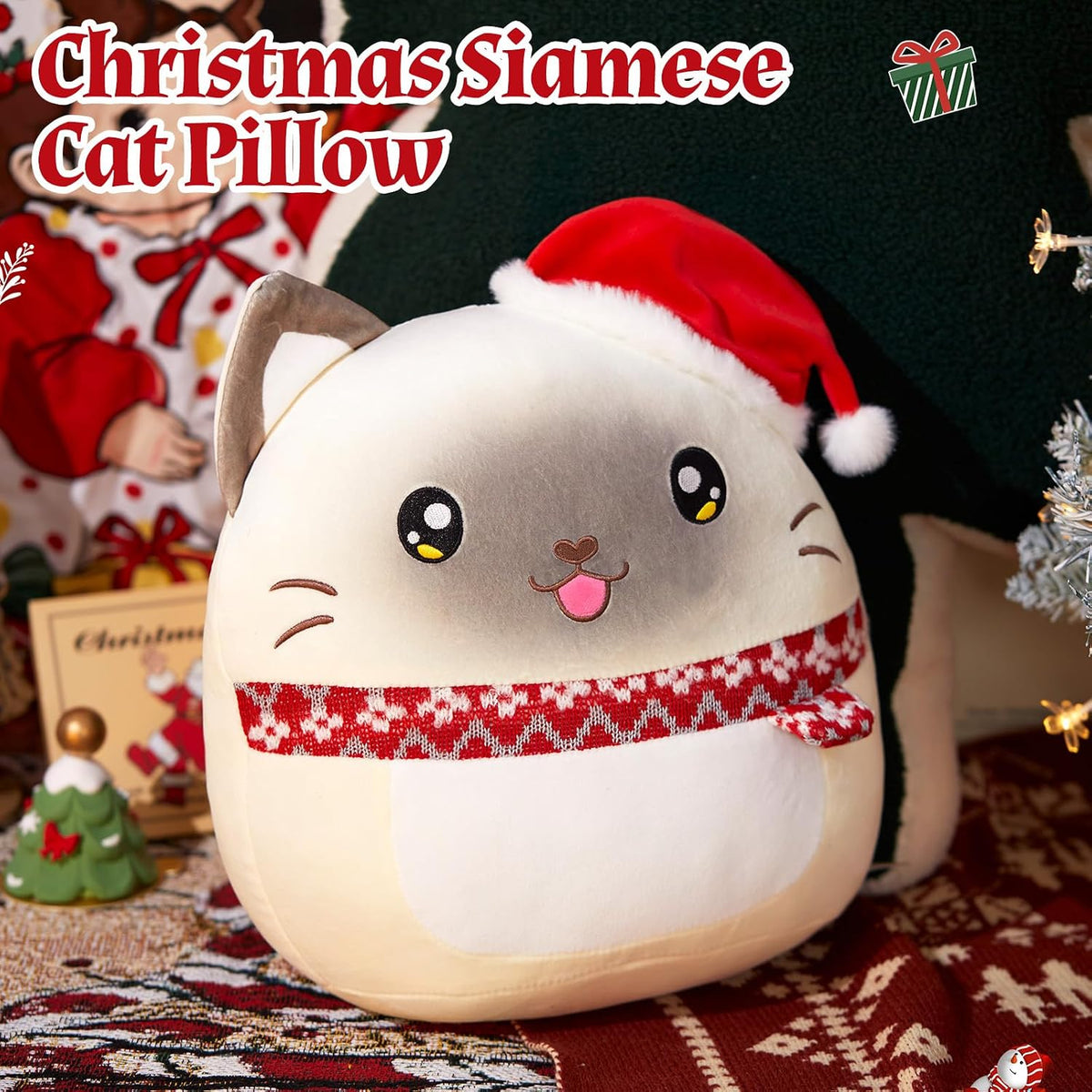 Athionsu - Almohada de felpa de gato de Navidad de 14 pulgadas con sombrero de Papá Noel, animal de peluche suave y tierno para decoración de Navidad y regalos, adorable almohada blanda para niños