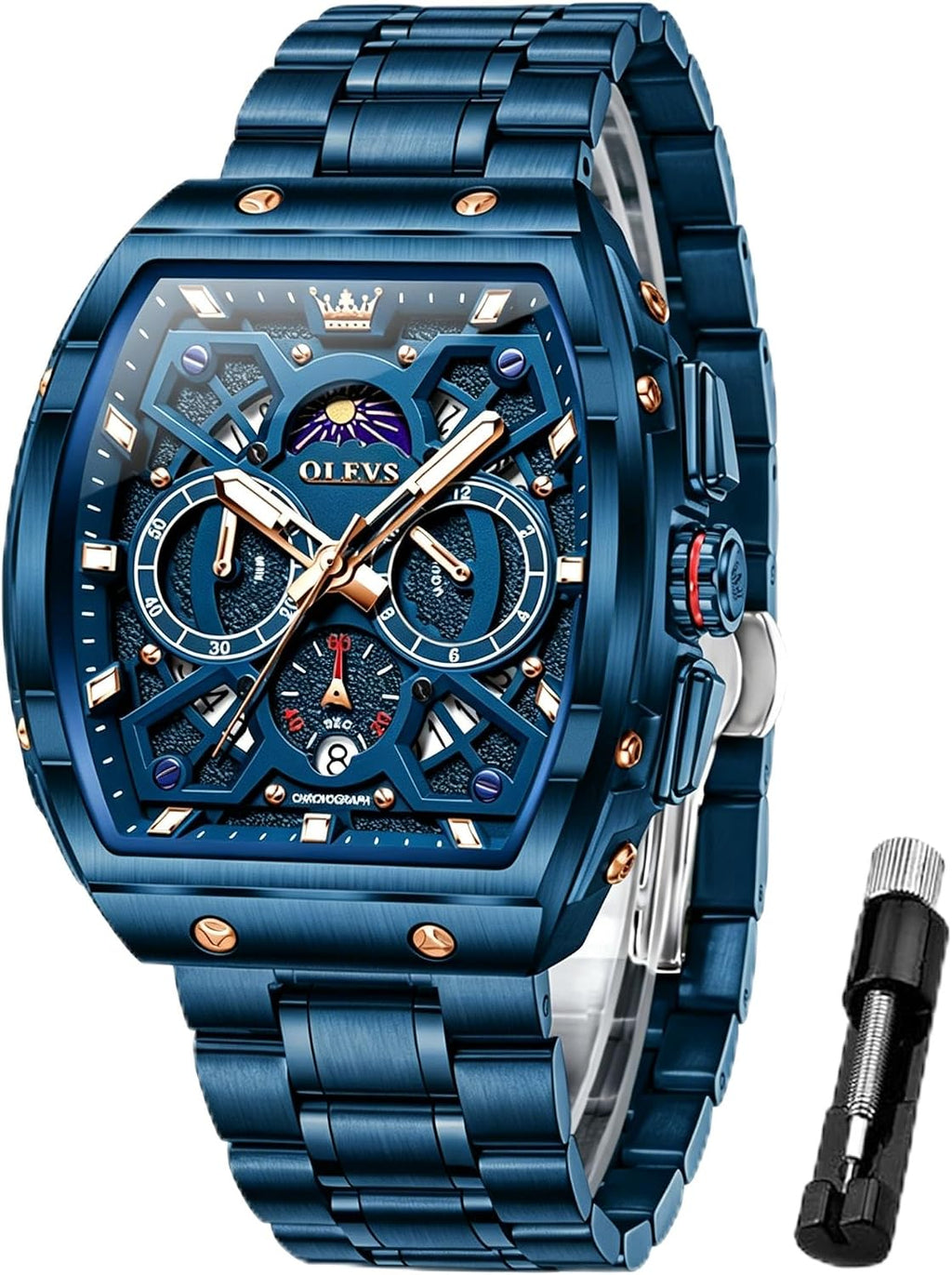 OLEVS Reloj para Hombres Analógico Cuarzo Lujo Diamante Resistente al Agua Cronógrafo Acero Inoxidable Carita Grande Cuadrado Fecha Fase Lunar Romano Relojes de Vestir para Hombres