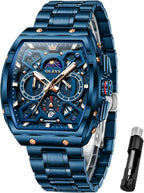 OLEVS Reloj para Hombres Analógico Cuarzo Lujo Diamante Resistente al Agua Cronógrafo Acero Inoxidable Carita Grande Cuadrado Fecha Fase Lunar Romano Relojes de Vestir para Hombres