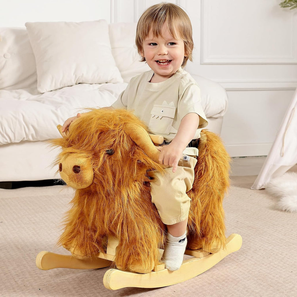 Caballo mecedora bebé, caballo de madera de ganado Highlander para niños de 1 año lindo vaca de peluche suave cabalgadura juguete mecedora animal para bebés niños y niñas regalo de guardería/niño
