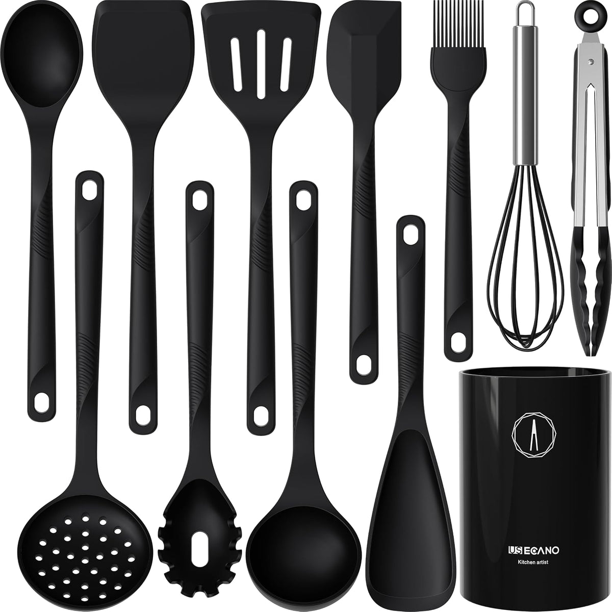 Juego de utensilios de cocina de silicona - 315°C resistente al calor, juego de utensilios de cocina antiadherentes con espátulas, cucharas, batidor, pinzas, sin BPA, apto para lavavajillas, negro