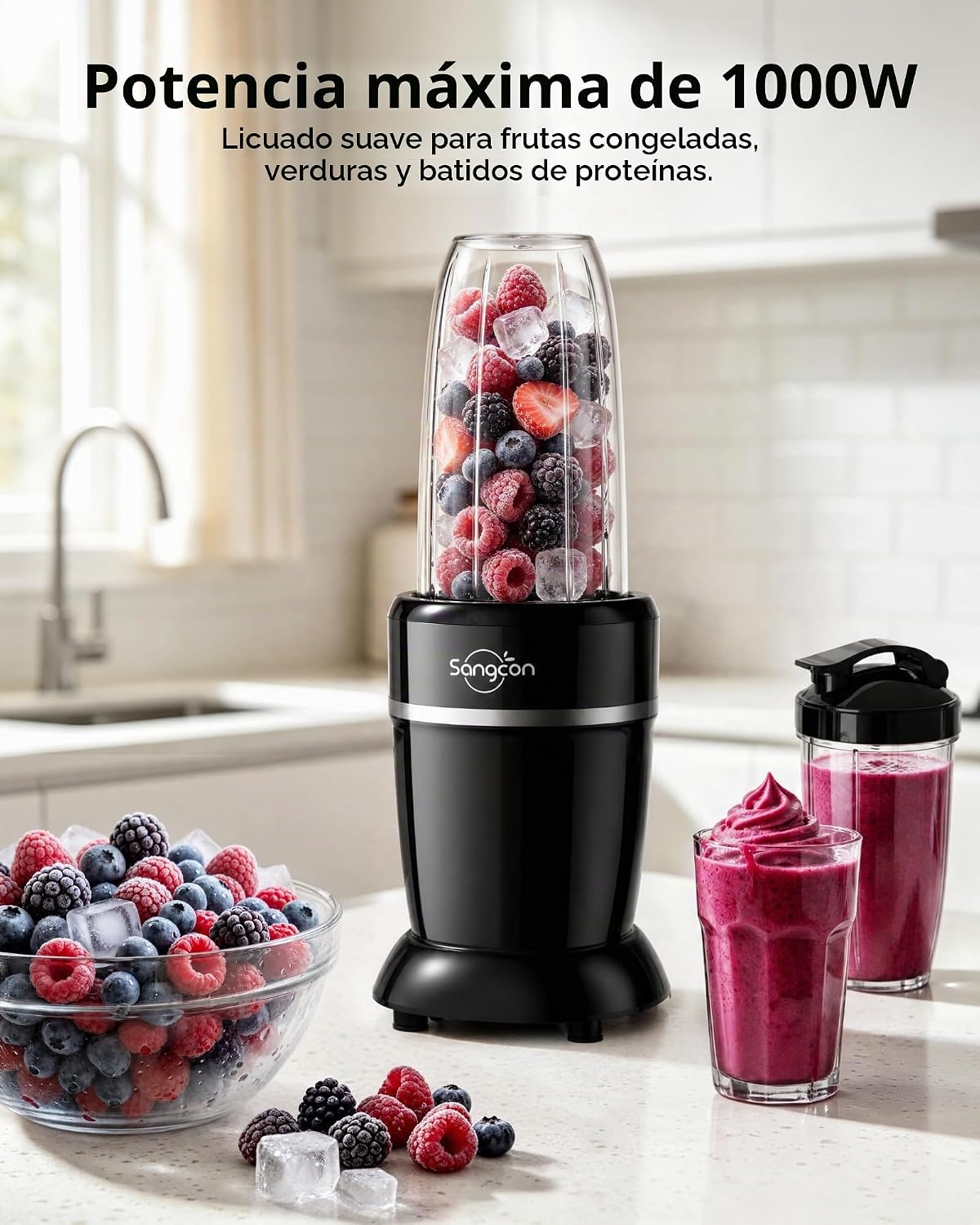 Sangcon Licuadora Personal Potente 1000W para Smoothies Batidos de Fruta Congelada y Trituración de Hielo