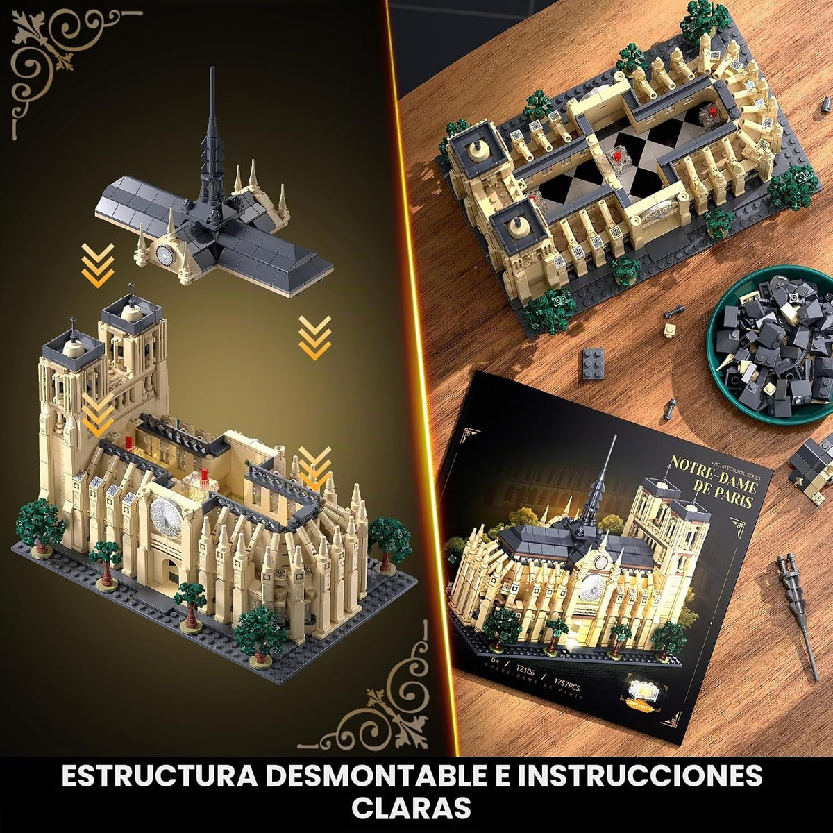 Notre Dame de Paris - Juego de construcción de arquitectura con luz LED, 1757 piezas, modelo coleccionable de bloques de construcción emblemáticos de París para adultos, regalo de cumpleaños