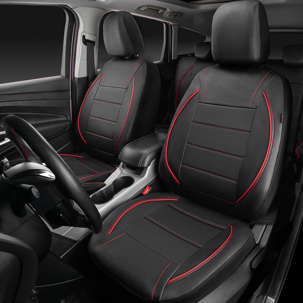 CAR PASS Fundas de cuero con ribetes de ajuste universal, dos fundas de asiento delantero, piel sintética impermeable para SUV, sedán, camioneta, camión, compatible con bolsas de aire, orificios de