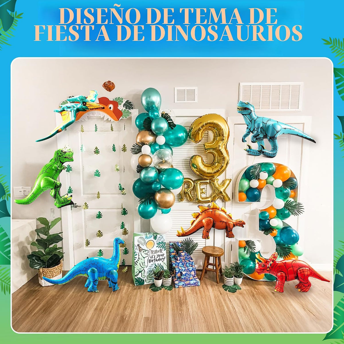 6 piezas de decoraciones inflables de dinosaurio para fiestas de cumpleaños, juguetes grandes de dinosaurios inflables para niños (20-26 pulgadas), dinosaurios para niños o niñas, globos de vinilo