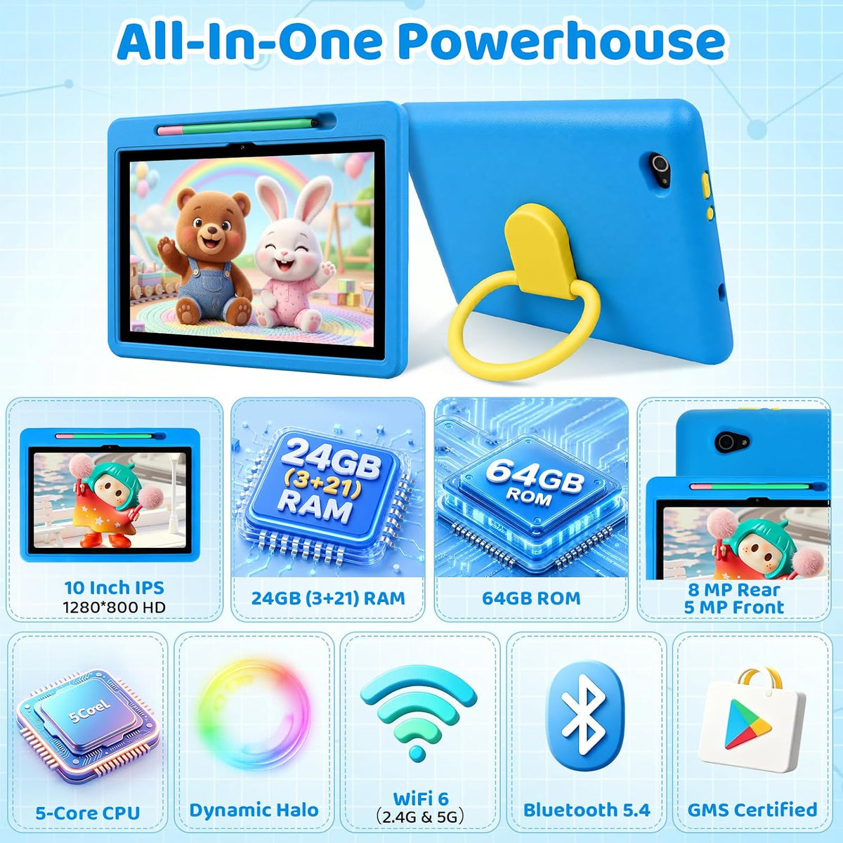 Tablet para niños Android 16 HD de 10 pulgadas con lápiz y funda, 24GB RAM 64GB ROM 1TB