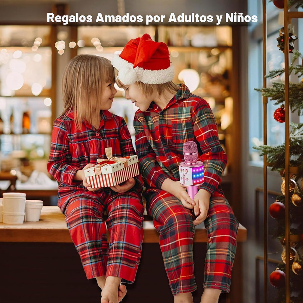 BONAOK Micrófono de karaoke para niños y adultos, micrófonos Bluetooth, micrófono para cantar con luces de discoteca, efecto eco, altavoz integrado, reproductor de karaoke portátil para regalos de fiesta de viaje Q78 (rosa claro)