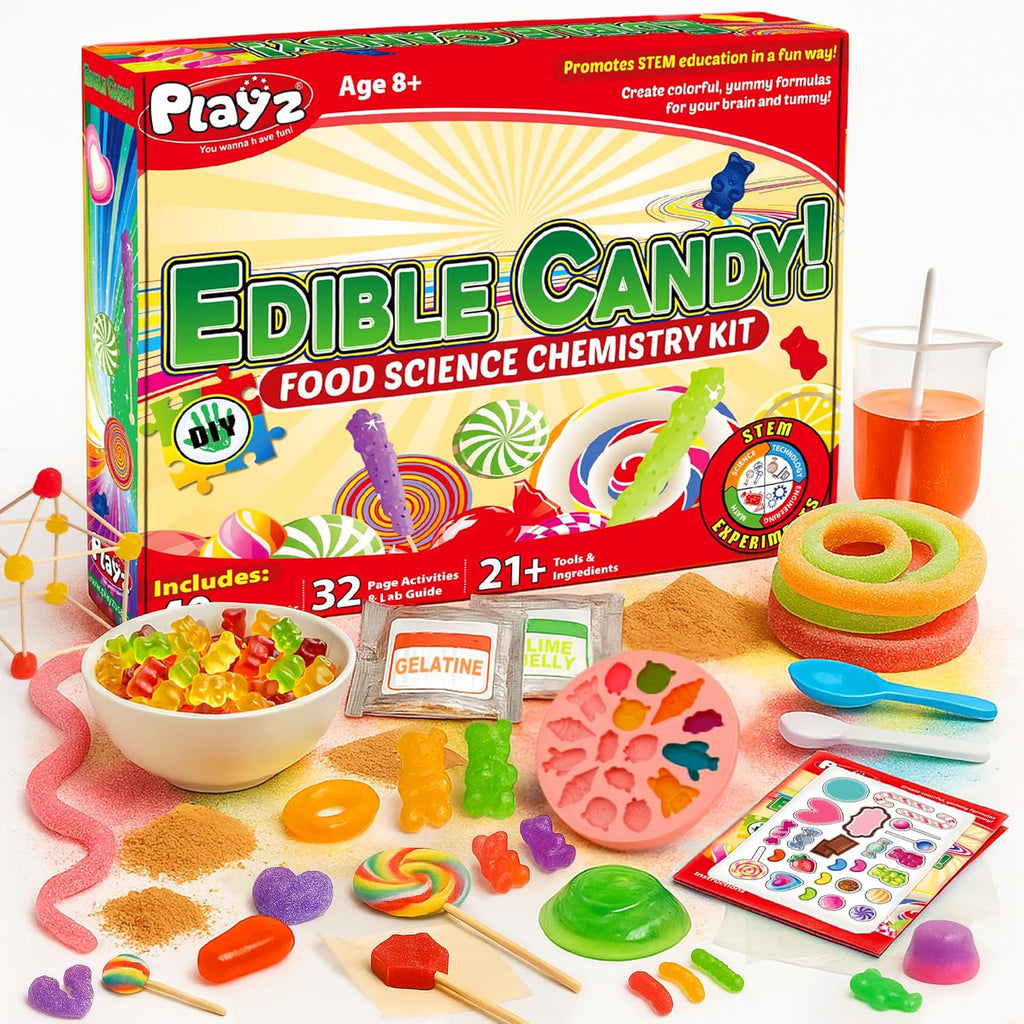 Playz Kit de fabricación de dulces comestibles para niños – Kits de ciencia para niños de 8 a 12 años – Kit de química de ciencia de los alimentos con más de 40 experimentos y más de 21 herramientas para hacer tus propios chocolates y dulces para niños y