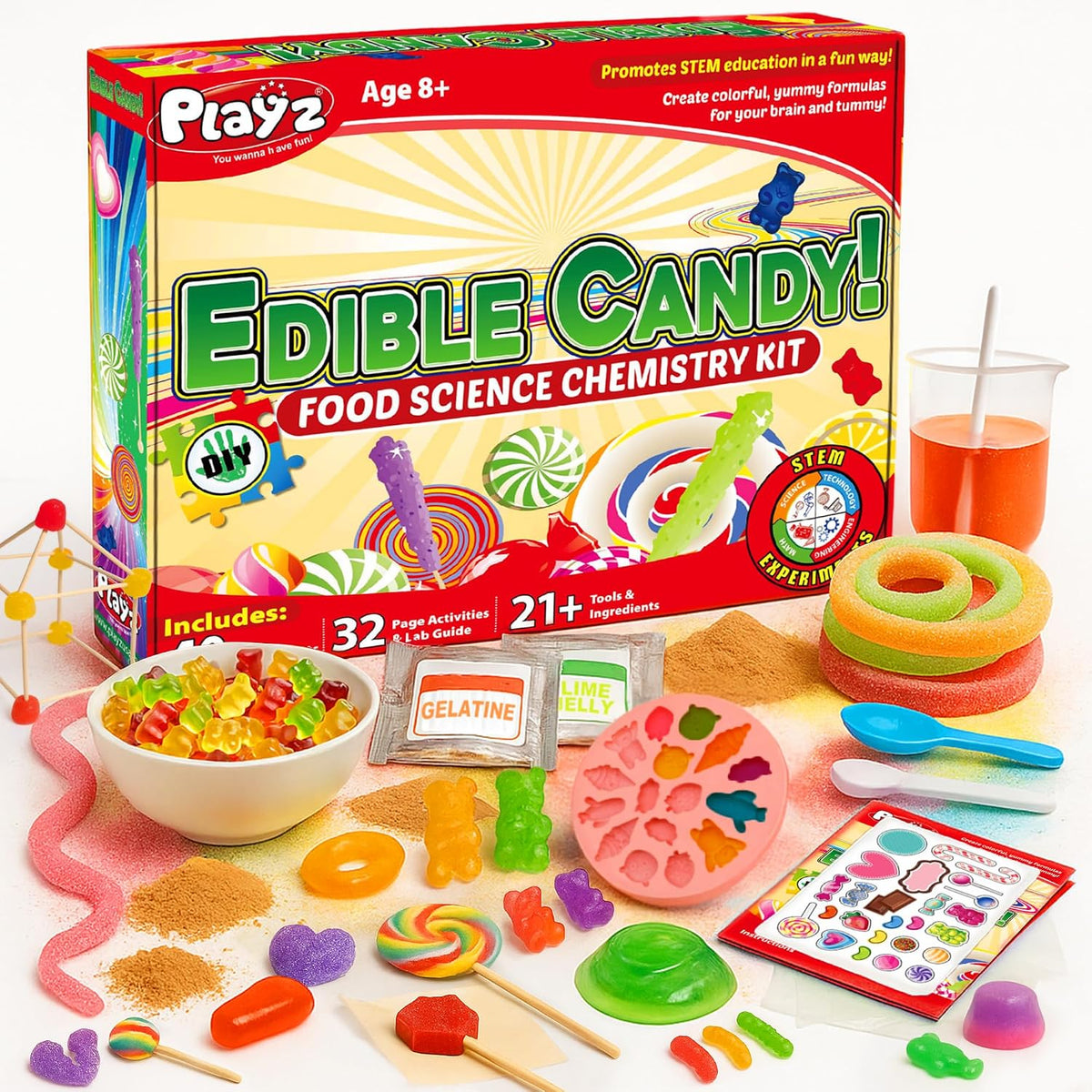 Playz Kit de fabricación de dulces comestibles para niños – Kits de ciencia para niños de 8 a 12 años – Kit de química de ciencia de los alimentos con más de 40 experimentos y más de 21 herramientas para hacer tus propios chocolates y dulces para niños y
