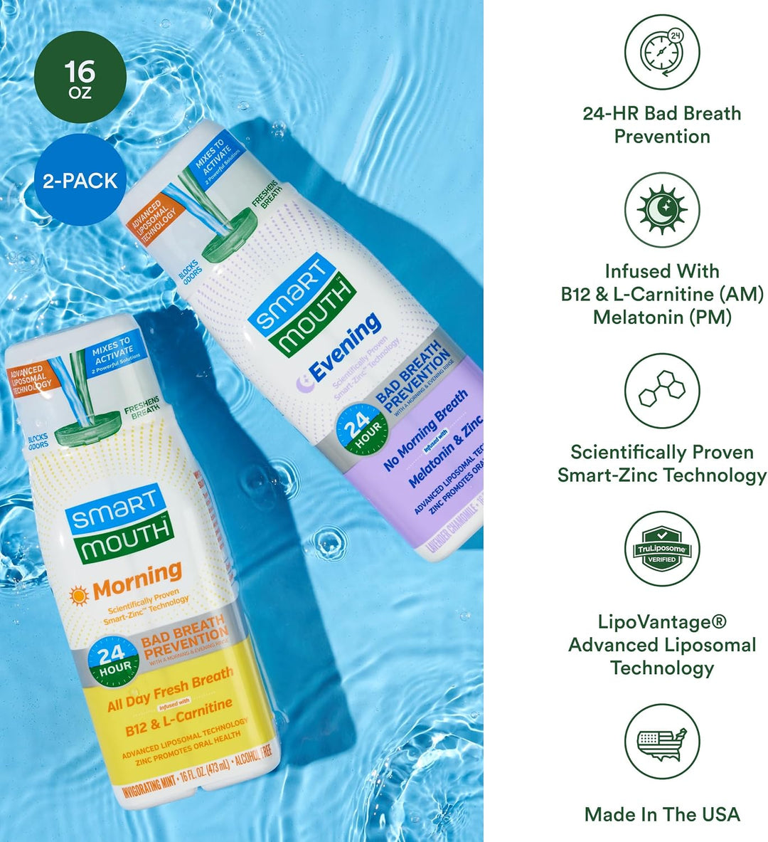 SmartMouth Paquete de enjuague bucal liposomal avanzado para mañana...