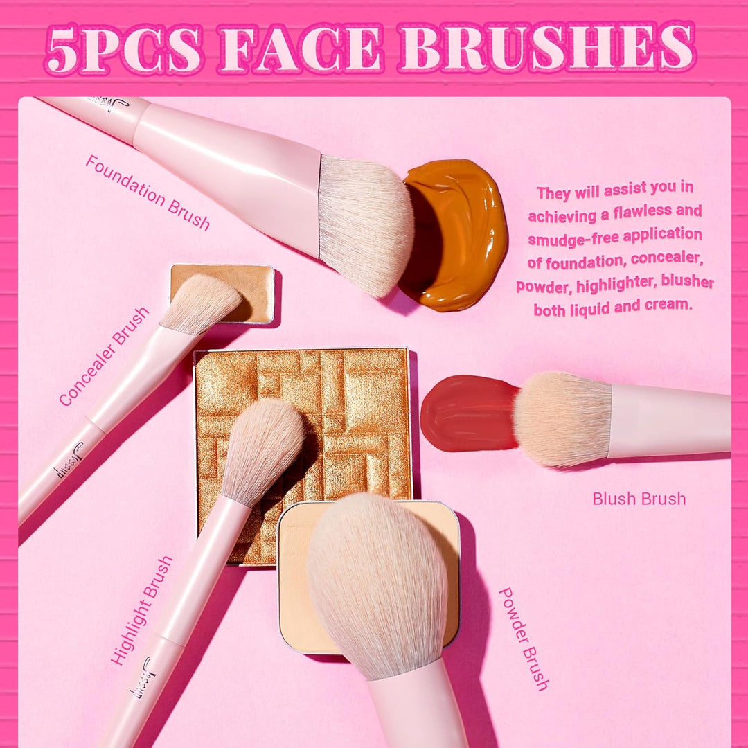 Jessup Juego de brochas de maquillaje rosa, 14 piezas, brochas de m...