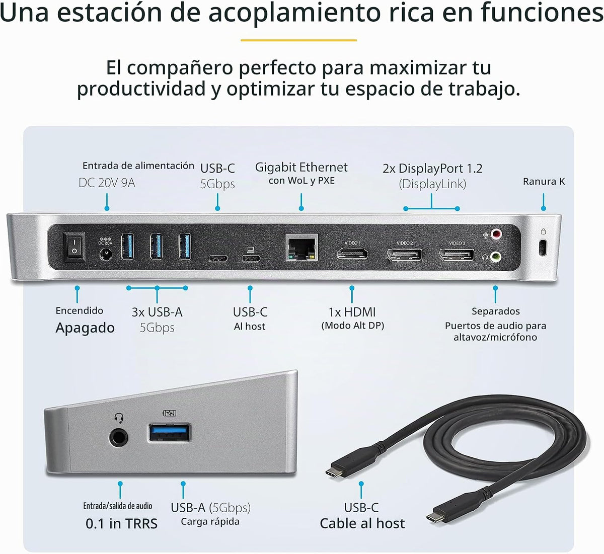 StarTech Dock DisplayLink USB-C triple 4K, HDMI DP, MacBook y Windows, 60 W