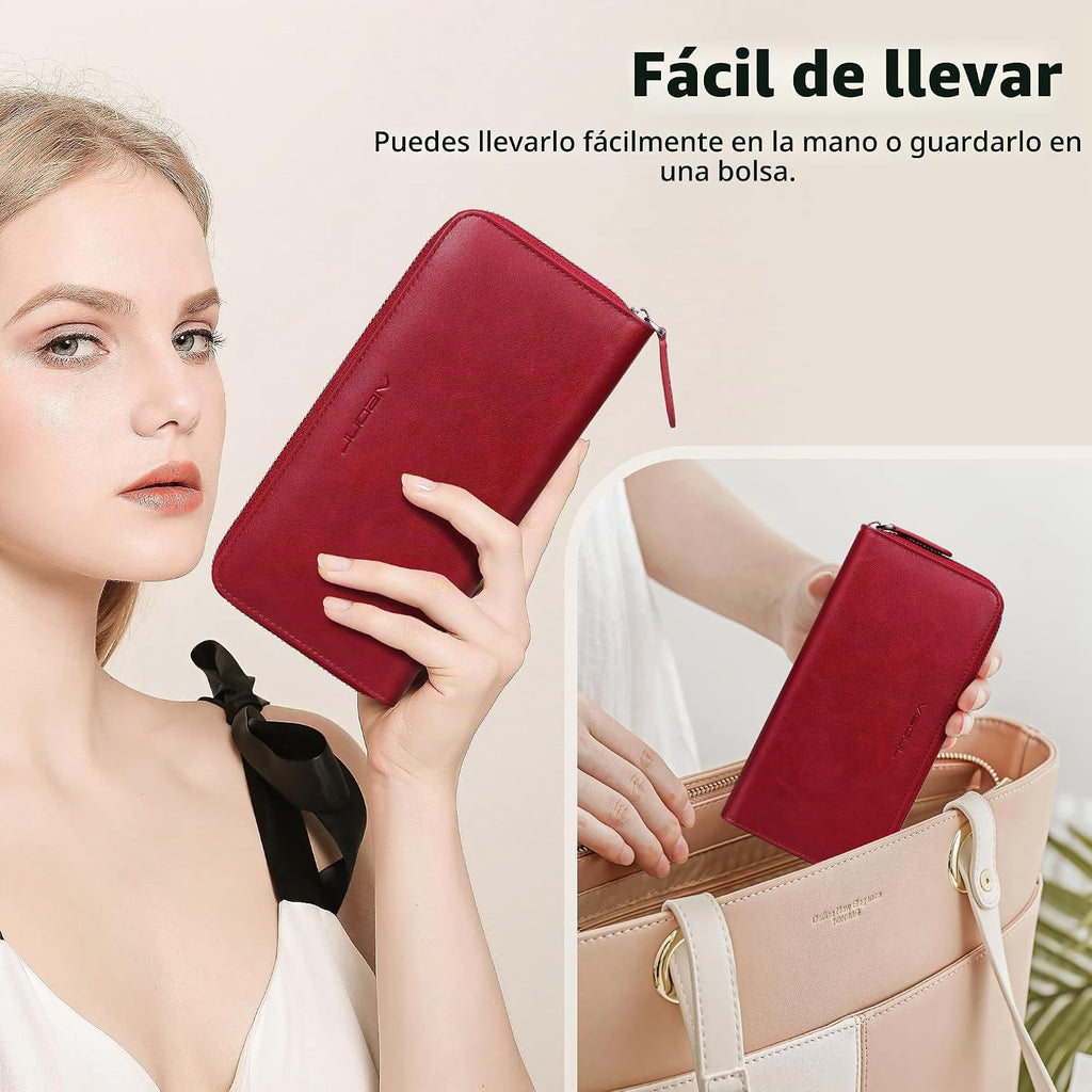 VISOUL Cartera larga de cuero con cremallera para hombres y mujeres con bloqueo RFID, cartera larga de mano grande con cremallera (borgoña)