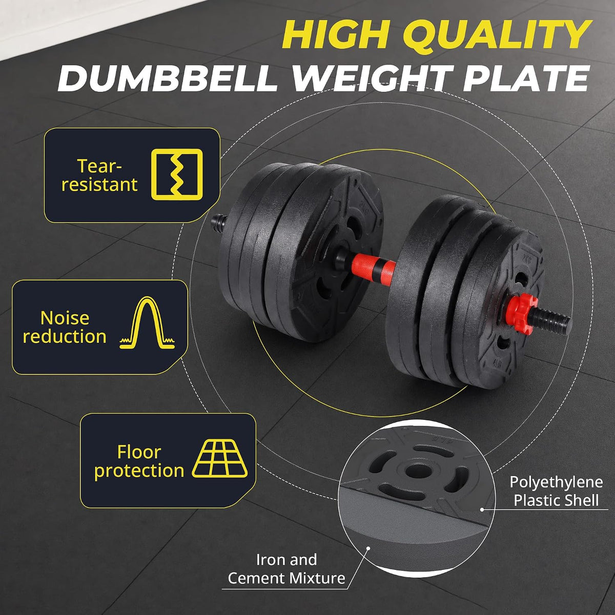 HulkFit Juego de mancuernas ajustables, juego de pesas libres de 40/60 libras con conector, juego de mancuernas 5 en 1 utilizado como barra, pesas rusas, soporte de levantamiento de pesas, placas de