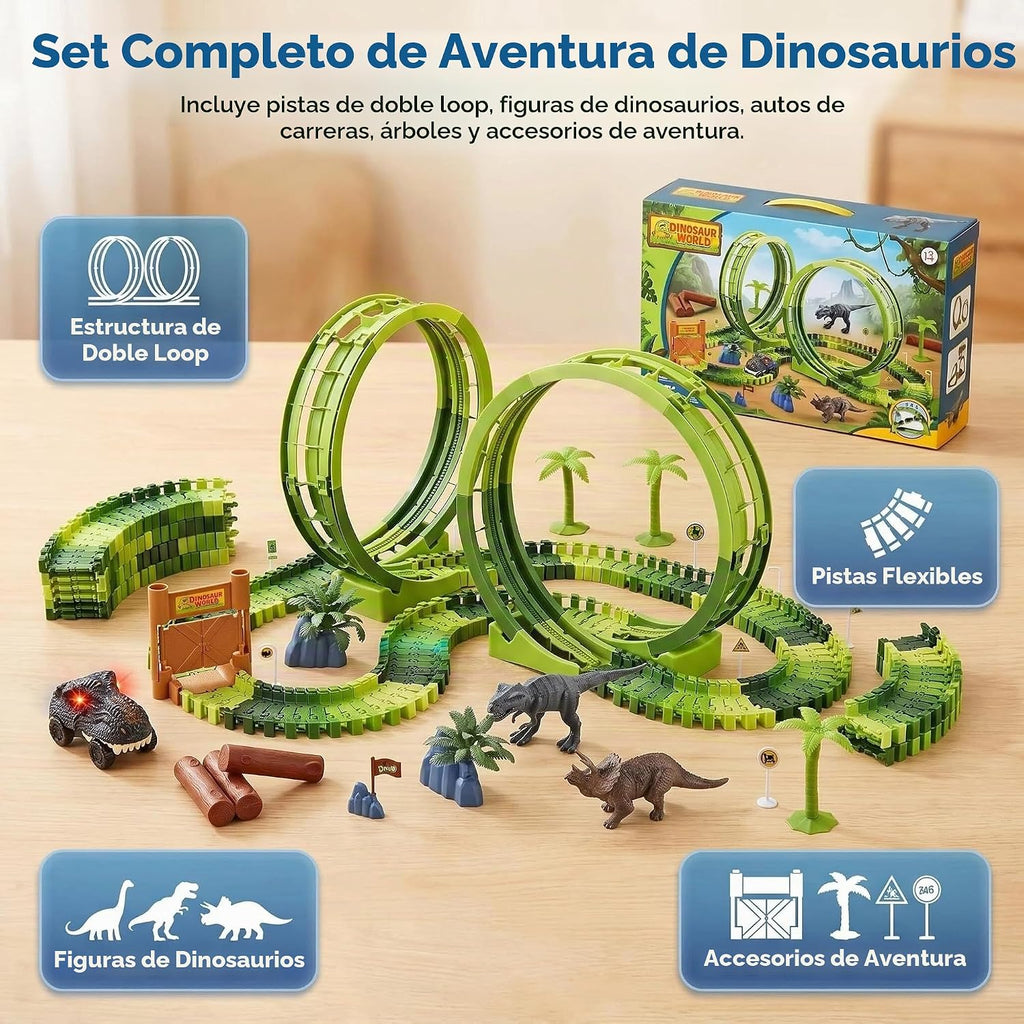 Juguetes de pista de carreras de dinosaurios para niños de 3 a 5 años, juego de pista de autos de dinosaurio de doble bucle, juego de pista de carreras de aventura flexible para niños de 4 a 7 años