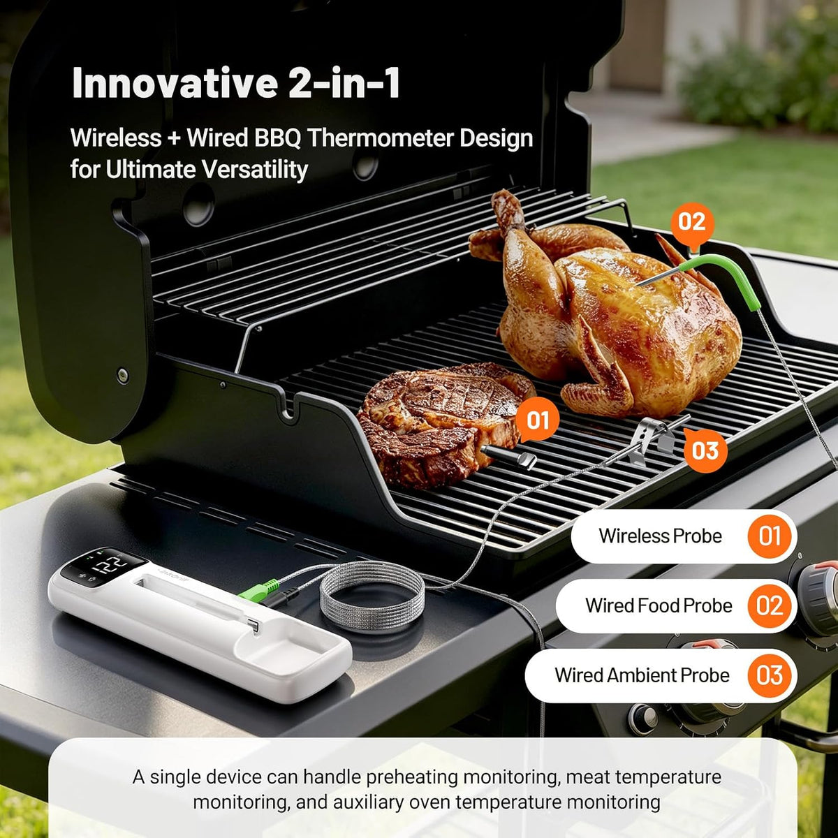 Sondas inalámbricas y cableadas 2 en 1, termómetro inalámbrico para carne con pantalla LED magnética, termómetro de carne Bluetooth para barbacoa, horno, ahumador, termómetro digital de alimentos con