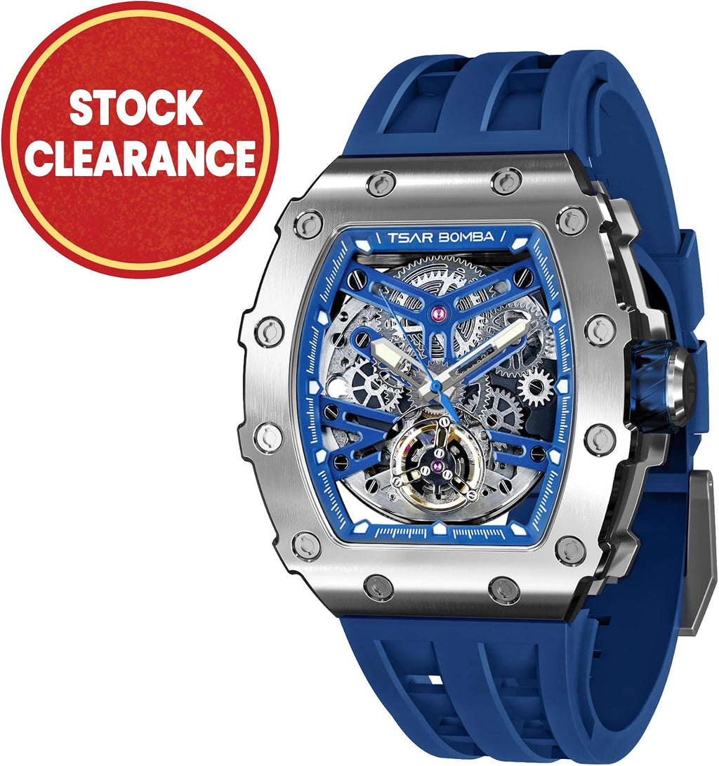 TSAR BOMBA Reloj de Lujo Masculino Automático 50M Resistente al Agua Movimiento Mecánico Japonés Caja de Acero Inoxidable Tonneau Cristal de Zafiro Esfera Grande Tipo Cool Moda Único Regalo para Hombre