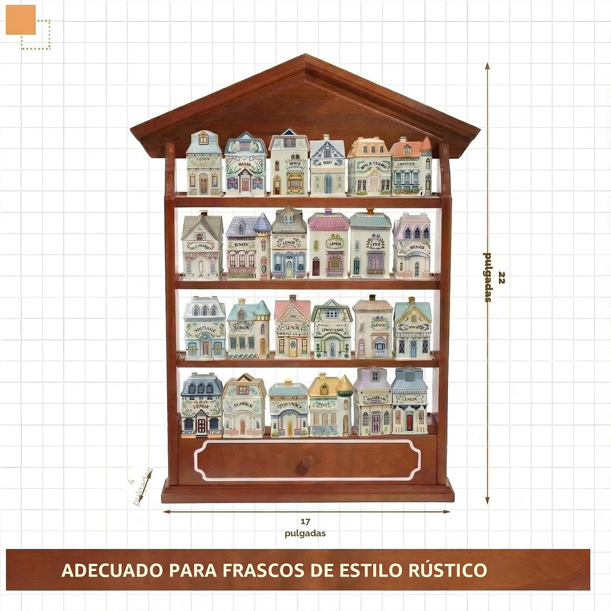 Estante de exhibición de madera vintage estilo pueblo para 24