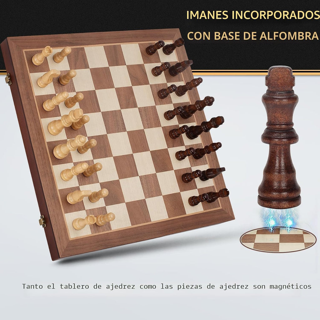 Juego de ajedrez magnético de madera, tablero de ajedrez plegable de 15 pulgadas con 2 ranuras de almacenamiento extra para reinas y piezas, juego de mesa de ajedrez de viaje portátil para adultos y