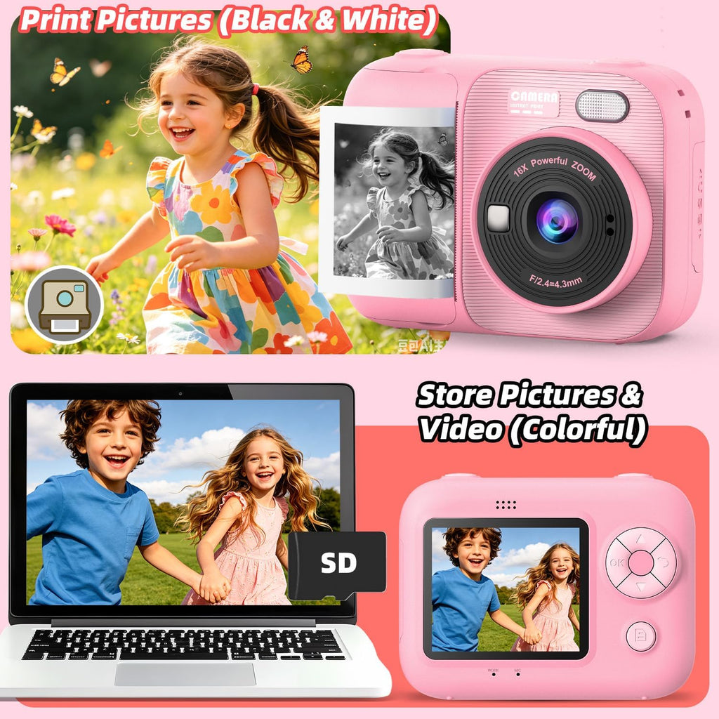 Cámara de impresión instantánea para niños con 5 rollos de papel de impresión, cámara HD 1080P, cámara portátil recargable para selfies, regalos de cumpleaños de Navidad, juguetes para niños y niñas