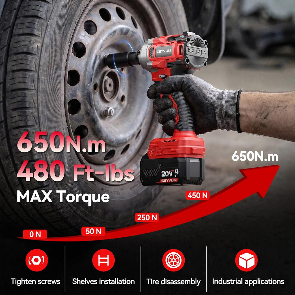 SEYVUM Llave de impacto, pistola de impacto de 1/2 pulgada, destornillador de impacto de potencia, par máximo de 320 pies-libras (430 N.m), llave de impacto inalámbrica con motor sin escobillas de 20