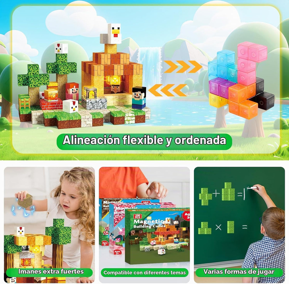 ToyUnited - 200 bloques magnéticos con bloques de iluminación, bloques de construcción magnéticos, cubos magent apilables, juguetes sensoriales educativos STEM Montessori para niños y niñas de 3 a 12 años, regalos de cumpleaños