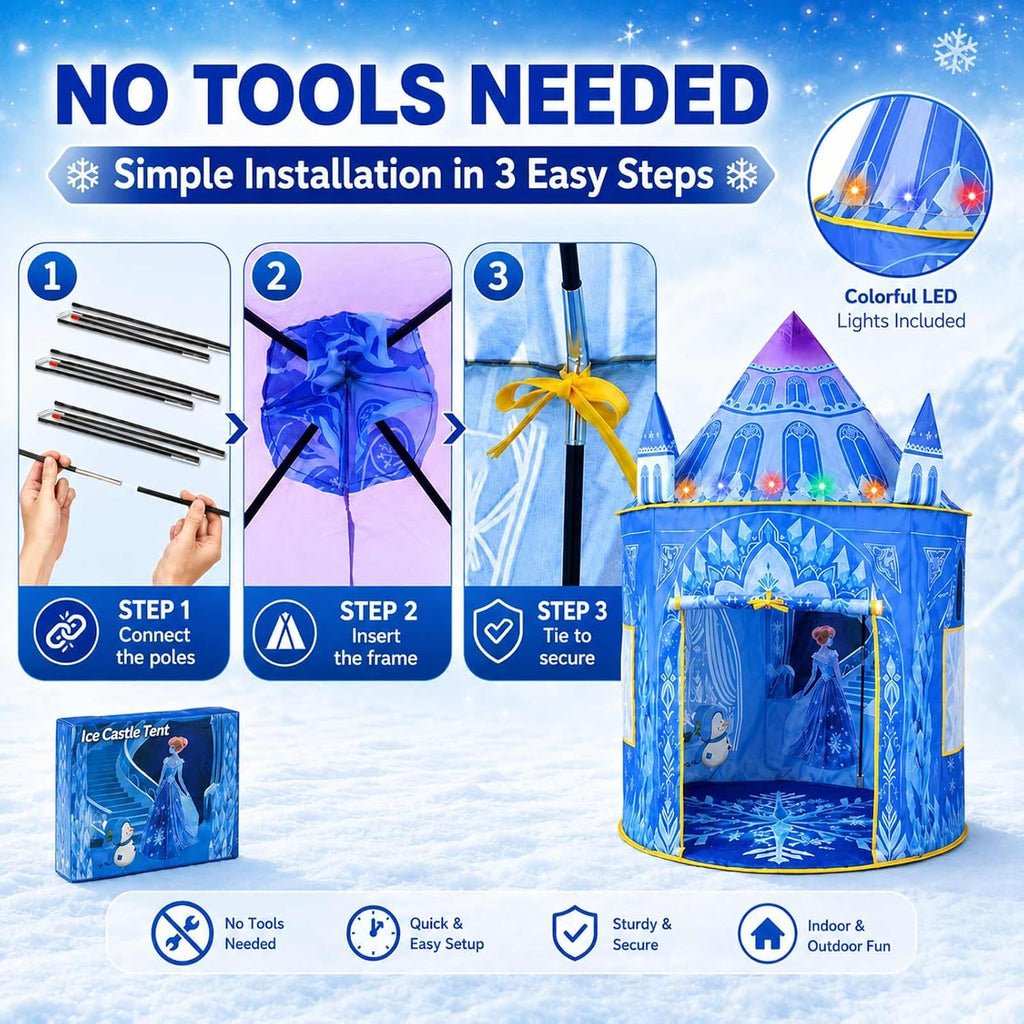 Tienda de campaña desplegable de princesa, juguetes congelados para niñas, grande de 53 x 41 pulgadas, castillo de hielo para interiores y exteriores, con luces LED y bolsa de transporte, regalo ideal para edades de 3 a 6 años