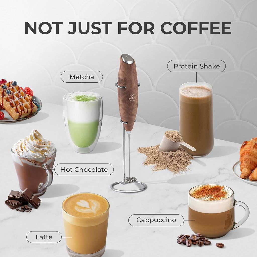 Zulay Kitchen Potente varita espumadora de leche con baterías Duracell - Mezclador de bebidas portátil ultrarrápido - Máquina eléctrica de espuma para café, lattes, capuchino y matcha, motor Z1, nogal