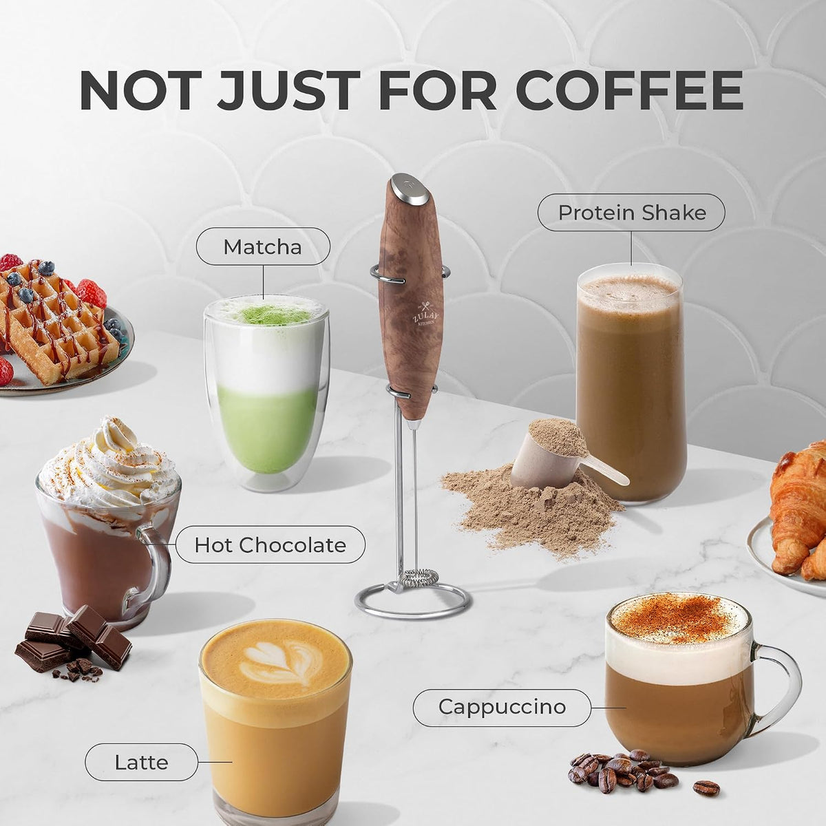 Zulay Kitchen Potente varita espumadora de leche con baterías Duracell - Mezclador de bebidas portátil ultrarrápido - Máquina eléctrica de espuma para café, lattes, capuchino y matcha, motor Z1, nogal