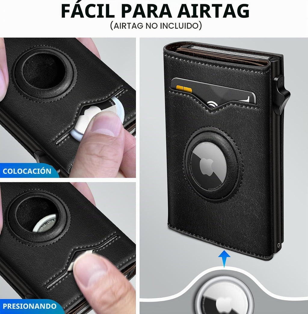 Cartera miyozi Airtag para hombre, con bolsillo para billetes, 2 ventanas para identificación, capacidad para 9-12 tarjetas, estuche metálico, elegante y delgada, cartera desplegable con cierre