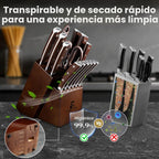 Juego de 15 cuchillos de cocina con bloque de madera de caucho, Nueva mejora