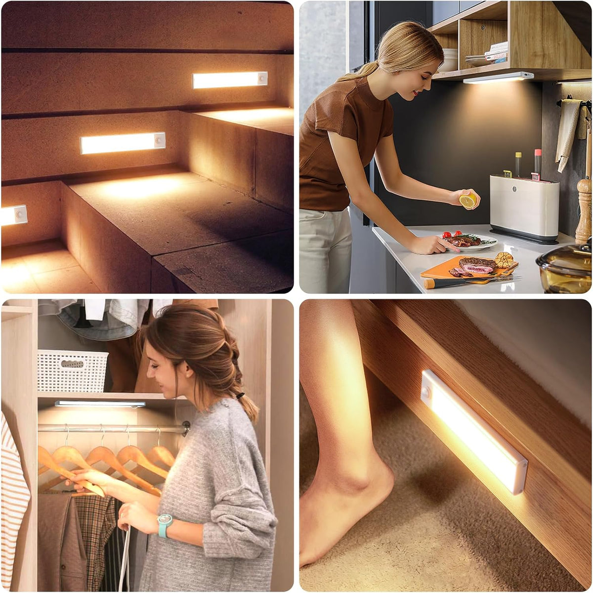 Paquete de 6 luces inalámbricas para debajo del gabinete, 32 luces LED con sensor de movimiento, luces magnéticas recargables para interiores, funciona con pilas, luces debajo del mostrador para